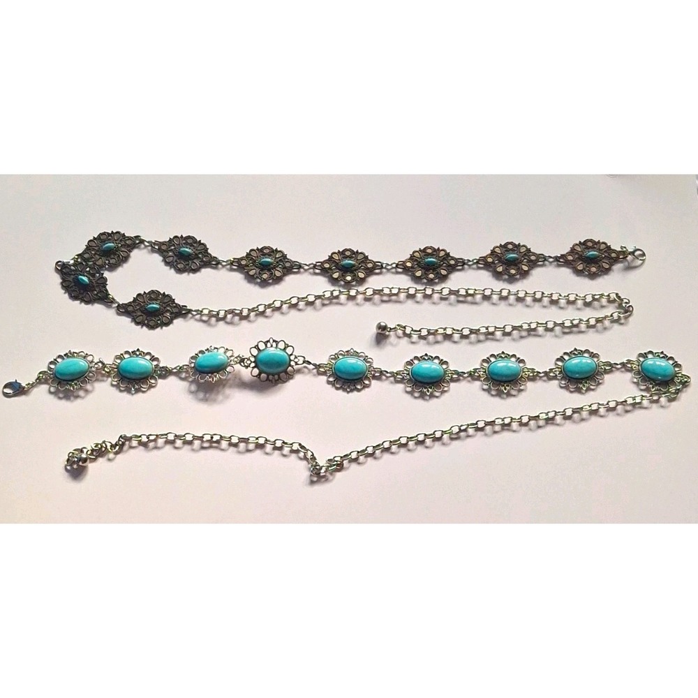 Women's Silver Turquoise Floral Concho Chain Belt Lot 2 Adjustable Buckle